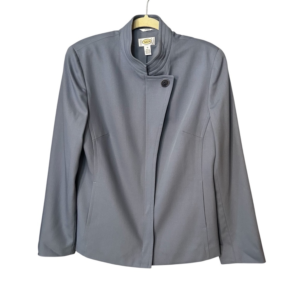 Talbots Gray Wool Blazer Structured Tailored Jacket Stretch Mock Neck Zip Sz 12
